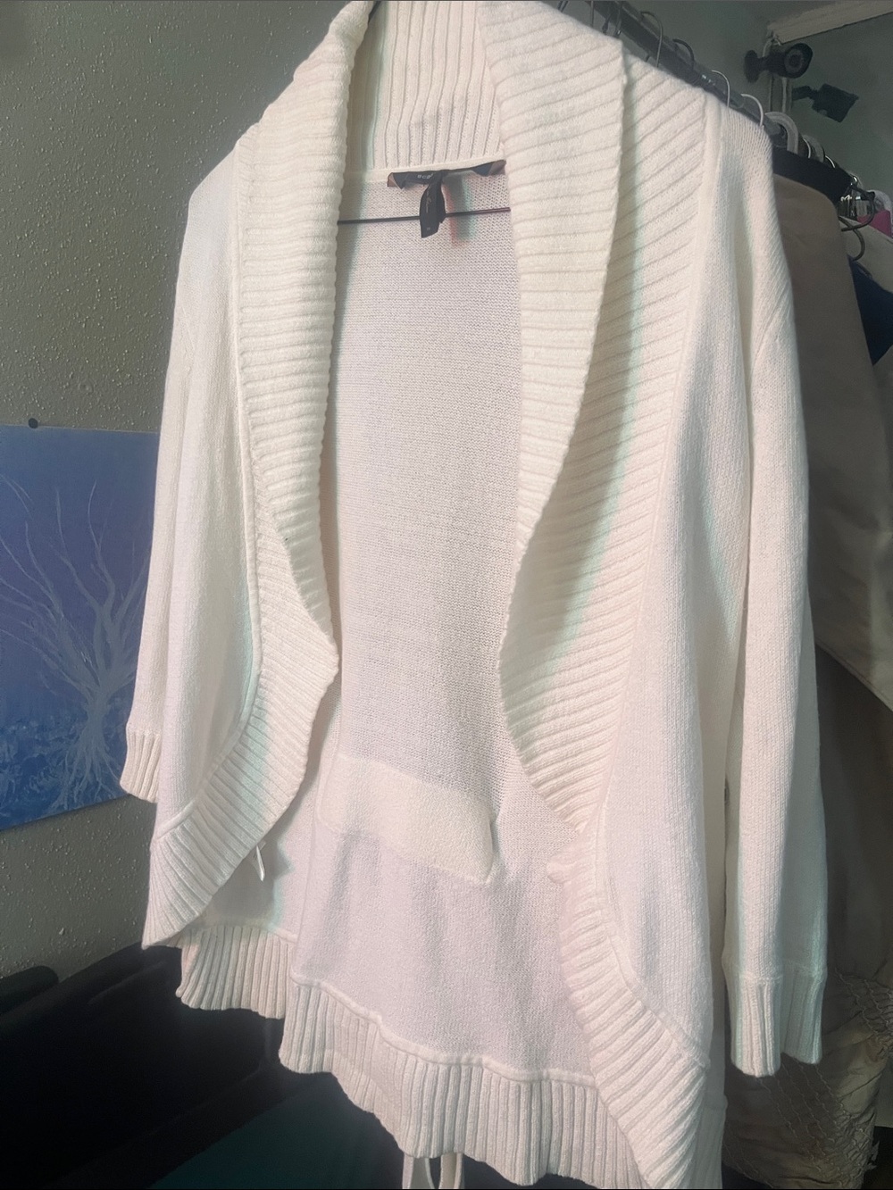 BCBGMaxAzria White Belted Shawl Collar Cardigan - Size xs 16” p2p